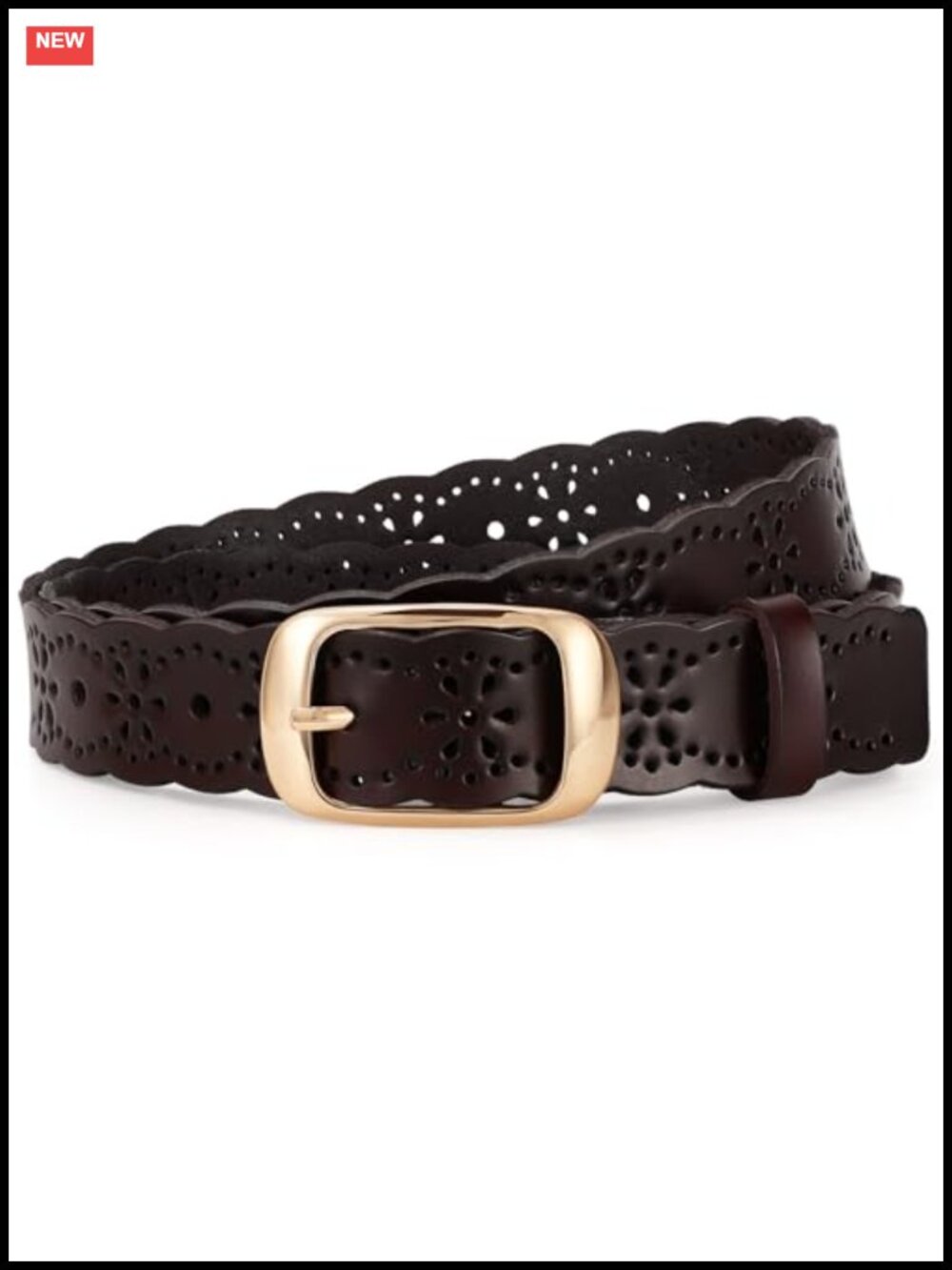 Women's Hollow Flower Leather Belt Gold Buckle Fashion Waist Belt for Jeans